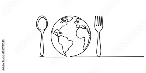 A single continuous line drawing of a globe placed between a spoon and a fork for global dining Vector, illustration