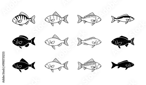 Cuadro en lienzo Minimal fish icon bundle cartoon line and silhouette vector collection isolated