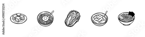 Korean Cuisine and Traditional Food Ingredients with Fluid Ink Brush Strokes in Hand-Drawn Painterly Style