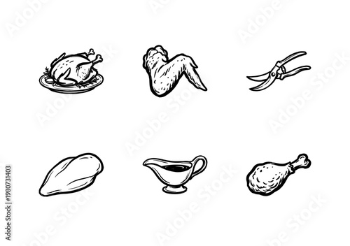 Poultry Cuts and Roasted Chicken Meat Elements in Hand-Drawn Inky Brushwork Style for Food Packaging and Culinary Design