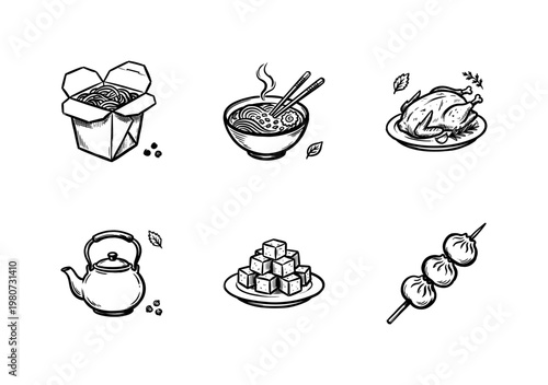 Asian Cuisine and Traditional Food Elements with Inky Hand-Drawn Brushwork and Fluid Calligraphic Ink Strokes