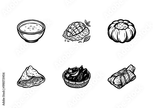 Traditional Thai Desserts and Southeast Asian Sweets with Hand-Drawn Ink Brush Strokes and Organic Calligraphic Outlines