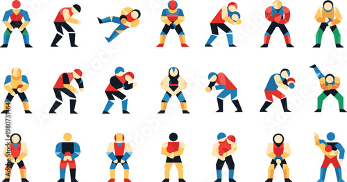 Wrestling Athletes Illustration Set with Grappling Poses, Combat Movements, Training Techniques, and Dynamic Sports Characters in Modern Flat Design Style.