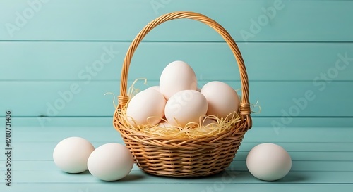 Sekelompok telur ayam putih segar tertata rapi di dalam keranjang rotan