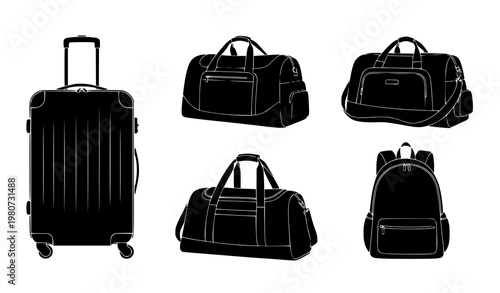 Luggage and travel bag silhouette collection with suitcase backpack and duffel in grid layout isolated vector
