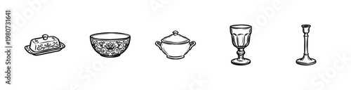 Vintage Shabby Chic Kitchen Tableware and Antique Dining Essentials with Inky Hand-Drawn Brush Strokes and Painterly Ink Wash Aesthetic