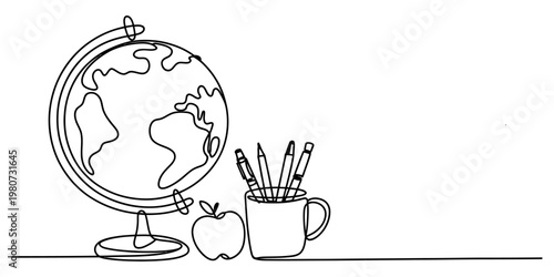 A single continuous line drawing of a globe, a fresh apple, and a mug filled with writing pens Vector, illustration