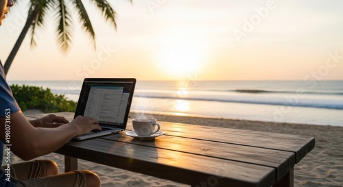 A person working on a laptop on a wooden table at the beach, with a cup of coffee and a palm tree in the background.