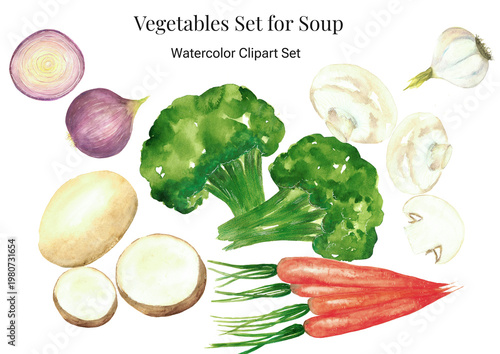 Watercolor vegetable clipart set for soup with broccoli, potatoes, carrots and onions, hand-painted cooking ingredients isolated PNG on transparent background.
