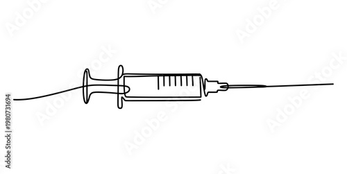 A minimalist single continuous line drawing of a medical syringe isolated on a plain white background Vector, illustration