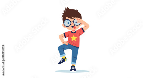 Playful young boy wearing glasses and a red star t-shirt making a funny face and pose against a clean white background for fun concepts.