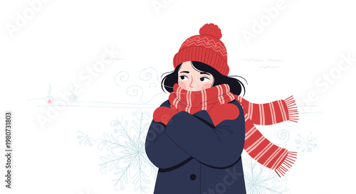 Girl dressed in a warm coat, red hat, and striped scarf shivering in the winter cold with faint snowflakes in the background.