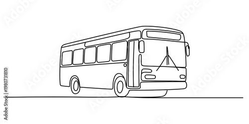 A simple continuous line drawing of a passenger bus shown from a three quarter front perspective Vector, illustration