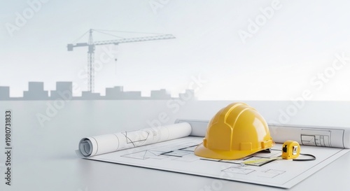A yellow hard hat, a blueprint, and a tape measure on a table with a city skyline in the background.