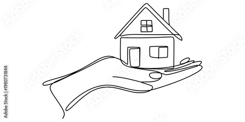 A single line drawing of a human hand holding a small house as a symbol of protection and property Vector, illustration
