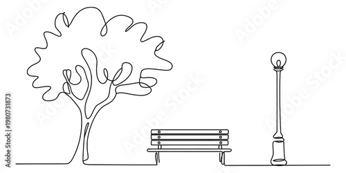 A continuous line drawing depicting a peaceful park scene with a tree, a wooden bench and lamp. Vector, illustration