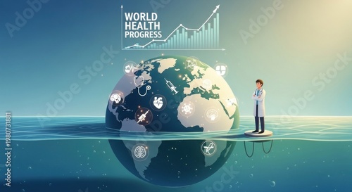 A miniature doctor standing on a globe with a futuristic interface, surrounded by various icons representing health and progress, set against a gradient background with a blue ocean and a green sky.