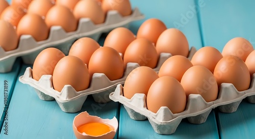 Deretan rak karton berisi telur ayam dan satu telur pecah di depan.