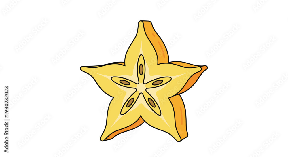 Obraz premium Cross-section of a ripe yellow starfruit or carambola showing its unique five-pointed star shape and seeds on a white background.