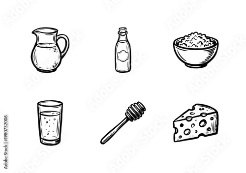 Dairy Products and Breakfast Milk Elements with Loose Ink Brush Strokes in Hand-Drawn Painterly Style