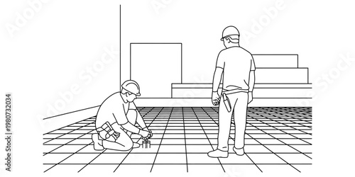 Two construction workers are installing a grid of reinforcement steel bars on a building floor site Vector, illustration