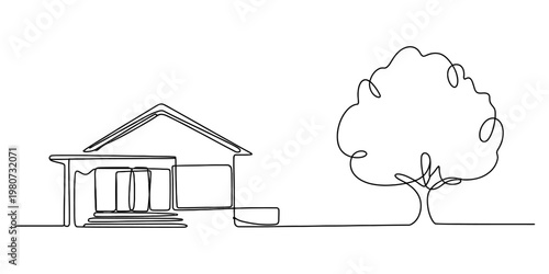 A minimalist single continuous line drawing of a small suburban house standing by a leafy tree Vector, illustration
