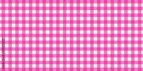 Pink and white gingham checkered pattern background, classic seamless table cloth texture, vector geometric plaid fabric design for kitchen, picnic, and fashion backdrop.