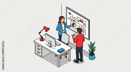 Business colleagues discussing marketing strategy on whiteboard in office