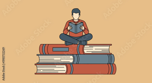 A person meditates on top of stacked books in business office