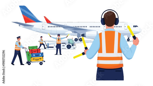 Airport Operations in Action: A dynamic scene unfolds on the airport tarmac, with ground staff coordinating activities around a passenger aircraft.