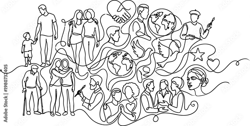Fototapeta premium Interconnected community sharing diverse emotions and thoughts in a bustling social setting isolated on white background, Vector