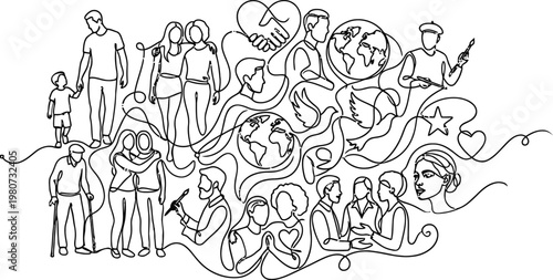 Interconnected community sharing diverse emotions and thoughts in a bustling social setting isolated on white background, Vector