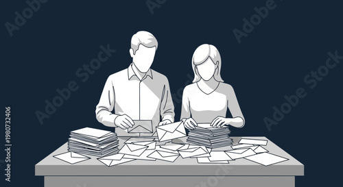 Business partners engaged in contract signing at a cluttered office desk