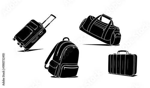 Stylized travel luggage silhouettes with suitcase backpack and duffel bags in dynamic composition isolated vector