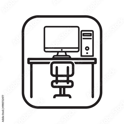 Computer Desk Icon. Monitor Screen Table Chair Workplace Desktop Work Furniture Workspace Icon Sign Symbol Artwork Graphic Illustration Clipart Vector
