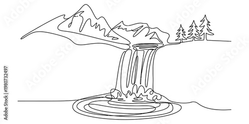 A minimalist single line drawing of a majestic mountain landscape with a flowing waterfall scene. Vector, illustration