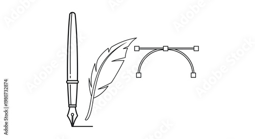Creative set of icons features a classic fountain pen, a natural feather quill, and a digital vector path editing tool.