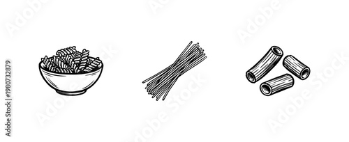 Italian Pasta Varieties and Traditional Kitchen Cooking Tools with Hand-Drawn Inky Brushwork and Fluid Painterly Outlines