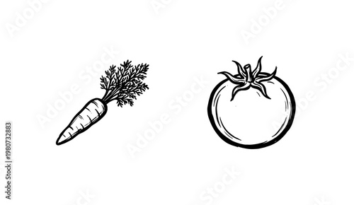 Fresh Garden Vegetables and Culinary Herbs with Inky Hand-Drawn Brushwork and Organic Painterly Calligraphic Silhouettes