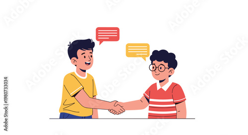 Two young boys shake hands while speech bubbles float above them, representing friendship, agreement, or greeting.