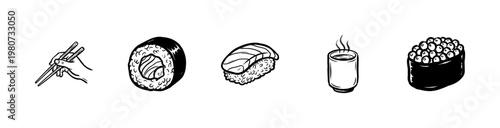 Traditional Japanese Sushi and Asian Cuisine Elements with Fluid Ink Brush Strokes in Hand-Drawn Painterly Style