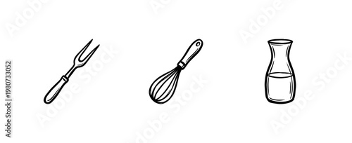 Kitchen Utensils and Culinary Cooking Equipment with Inky Hand-Drawn Brush Strokes and Fluid Calligraphic Line Work