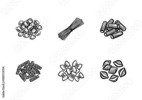 Traditional Italian Pasta Varieties and Dry Macaroni Assortment with Fluid Ink Brush Strokes in Hand-Drawn Painterly Style