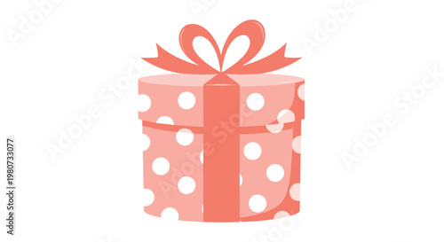 Round gift box decorated with white polka dots and a large matching bow is shown in a soft pink or coral color.