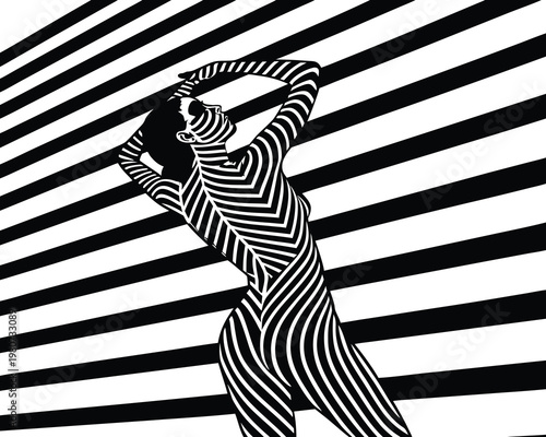 Woman Body Painted With Black And White Stripes.