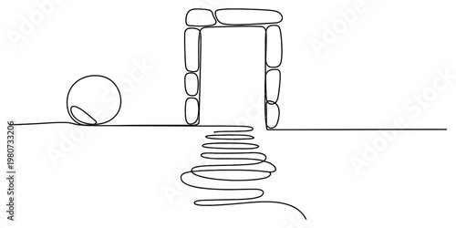 A minimalist black and white line drawing featuring a stone archway and a spherical object shape. Vector, illustration