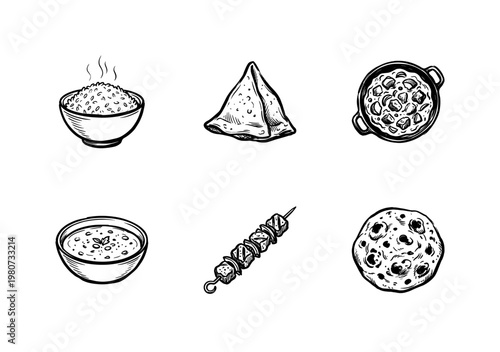 Indian Food and Traditional Cuisine Elements with Inky Brush Strokes and Hand-Drawn Painterly Aesthetic