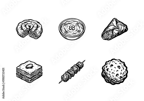 Arabic Food and Middle Eastern Cuisine Elements with Hand-Drawn Inky Brushwork and Organic Painterly Textures