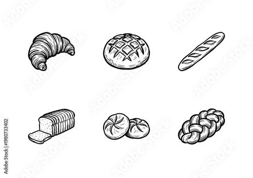 Bakery Products and Artisanal Bread Assortment with Hand-Drawn Ink Brush Strokes and Organic Textures