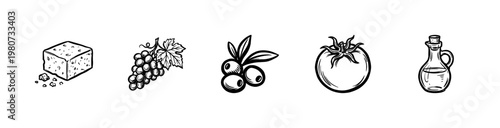 Mediterranean Food Elements and Greek Feta Cheese Ingredients in Hand-Drawn Inky Brushstroke Style